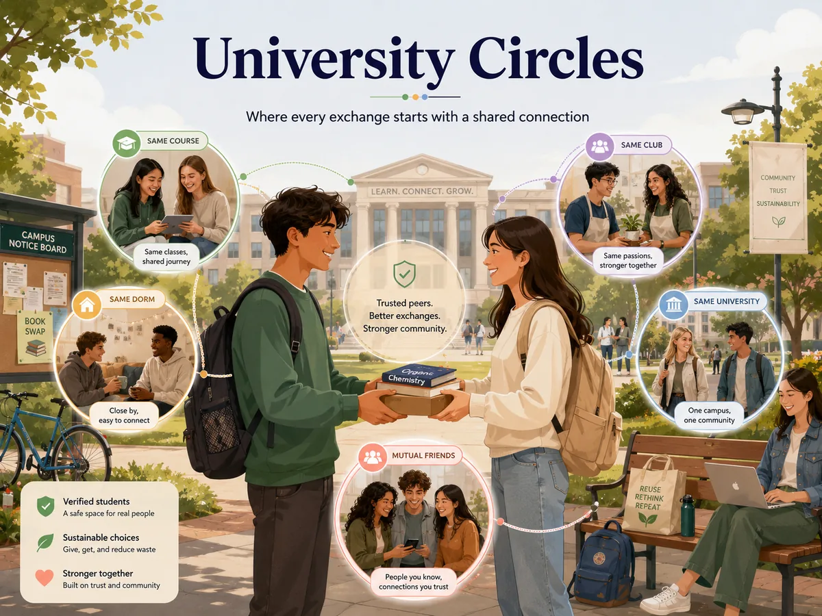 Students exchanging books on a university campus